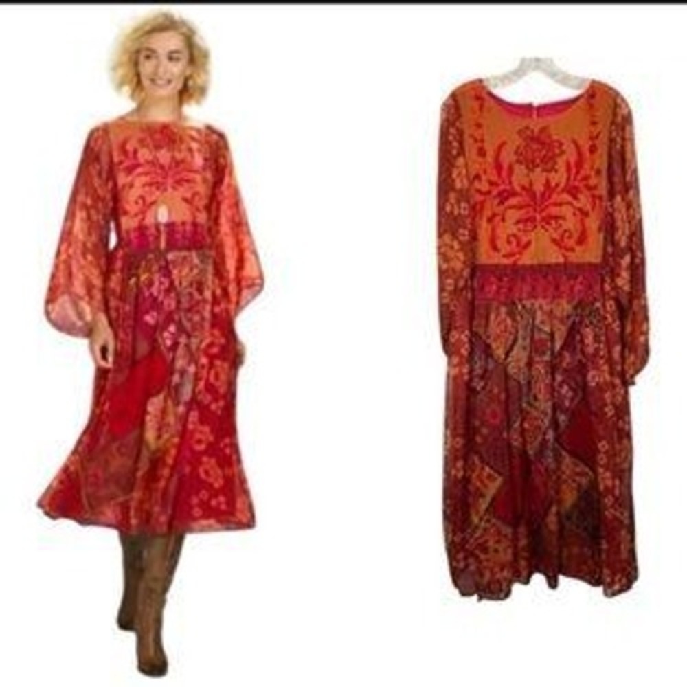 Soft‎ Surroundings Floral Print Long Sleeve Midi Dress - Bohemian Chic Witchy L